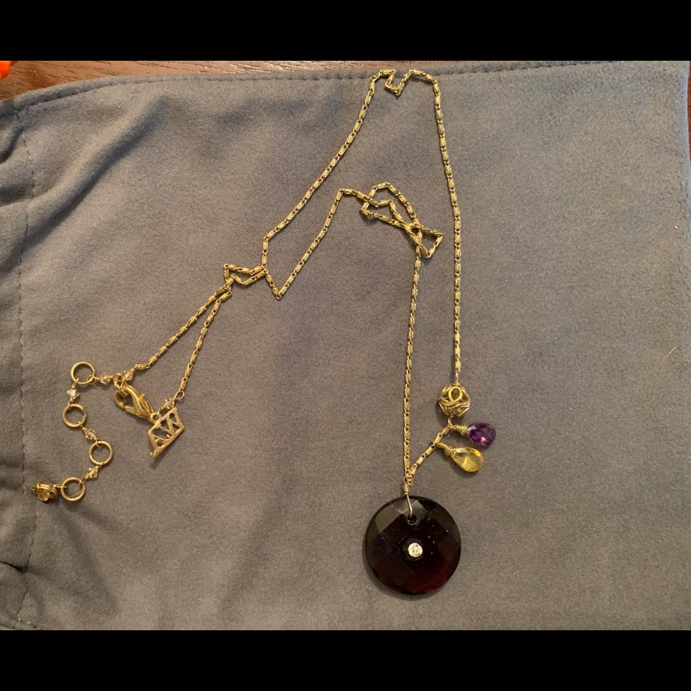 Necklace Purple Crystals  Gold Toned Long “A.W.”